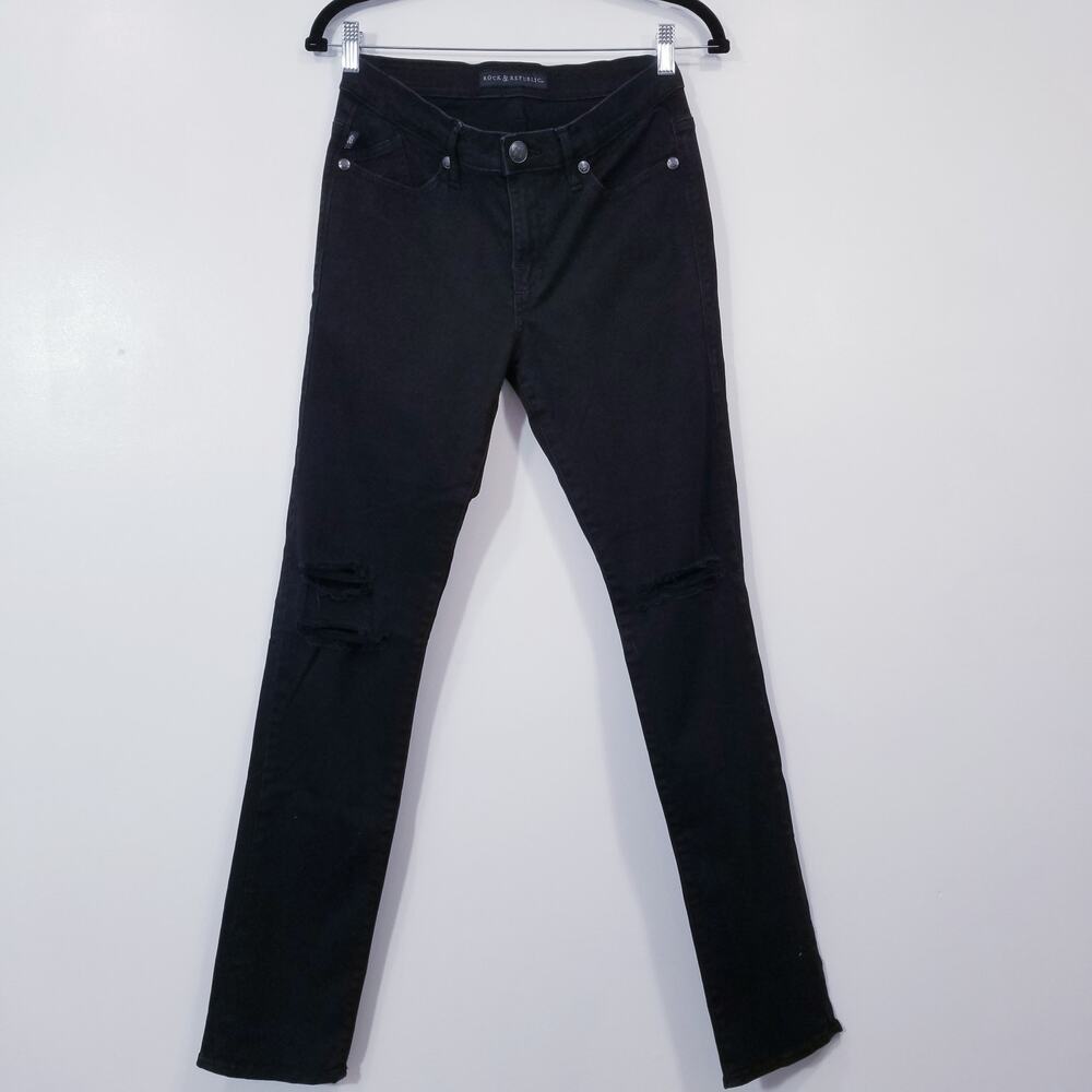 Rock & Republic Berlin Black Denim Distressed Midrise Skinny Jeans